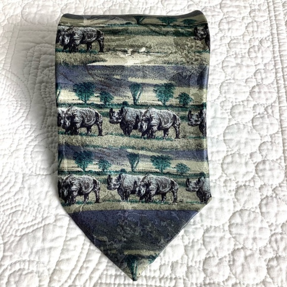 VTG Endangered Species Rhinoceros Safari Tie 100% Silk Made in USA Zoo Biologist